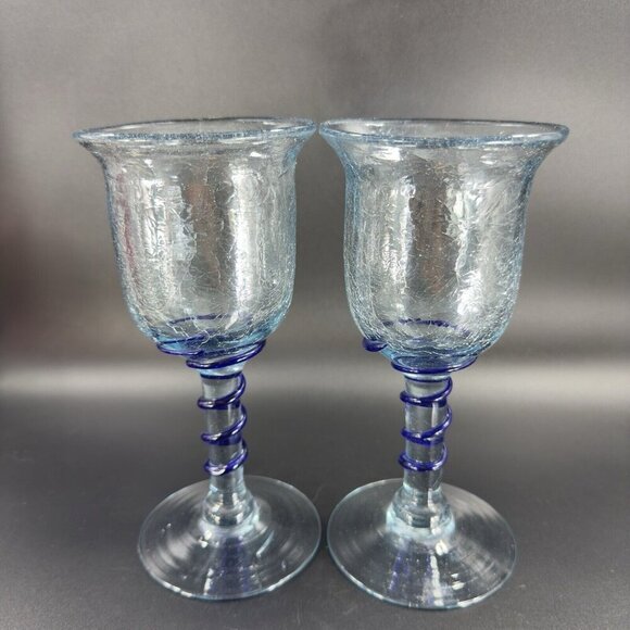 Hand Blown Crackle Glass Goblet Drinking Glasses Set 2 Clear Blue Swirl Goblets - Picture 11 of 12